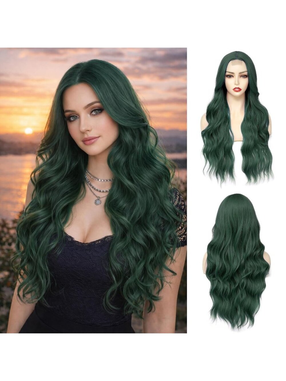 Women's Green 26 Inch Natural Looking Heat Resistant Long Wavy Wigs